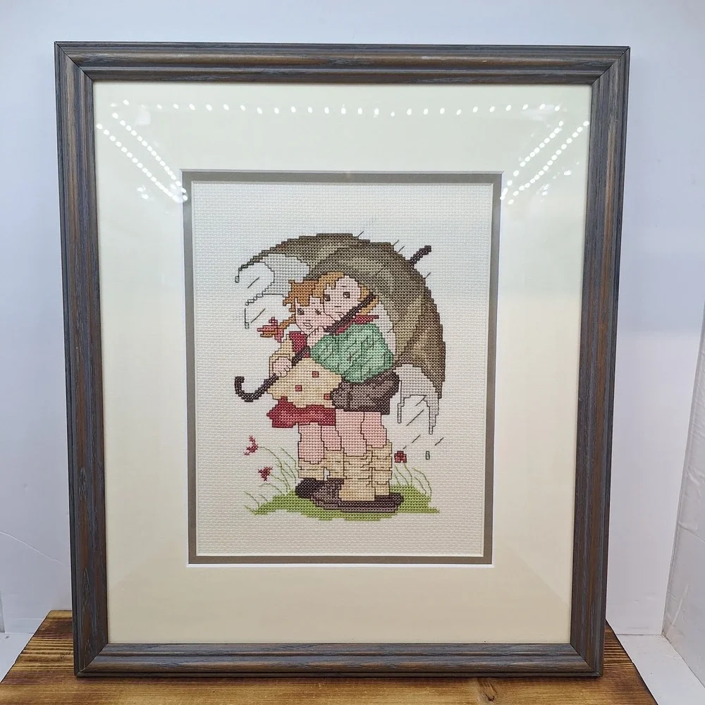 Vtg Finished Needlepoint GIRL BOY UMBRELLA Folk Art Sampler Embroidery Framed